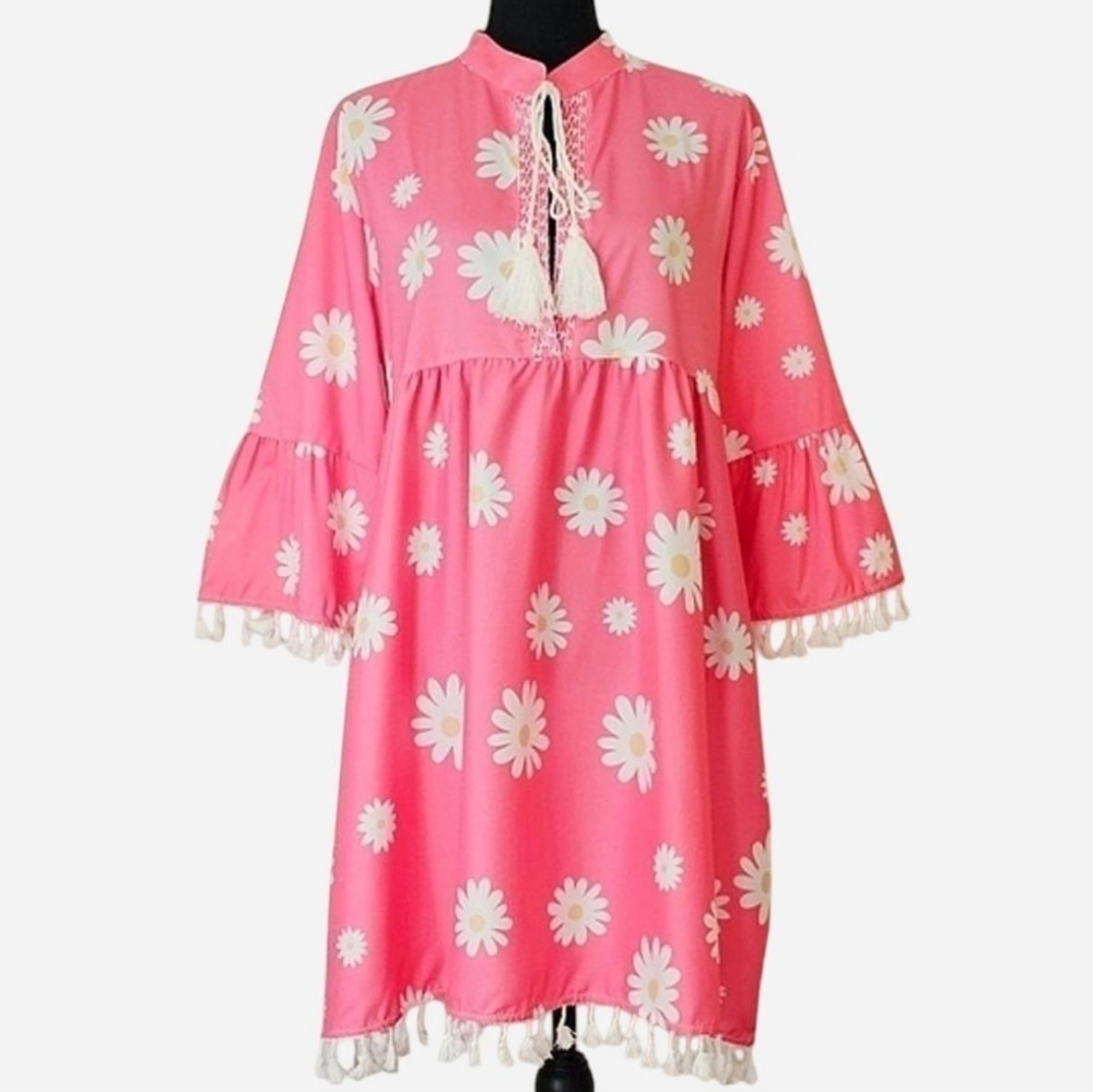UNBRANDED And No Size With PTP 21.5 in (M) Pink Daisy Dress with Tassel Accents